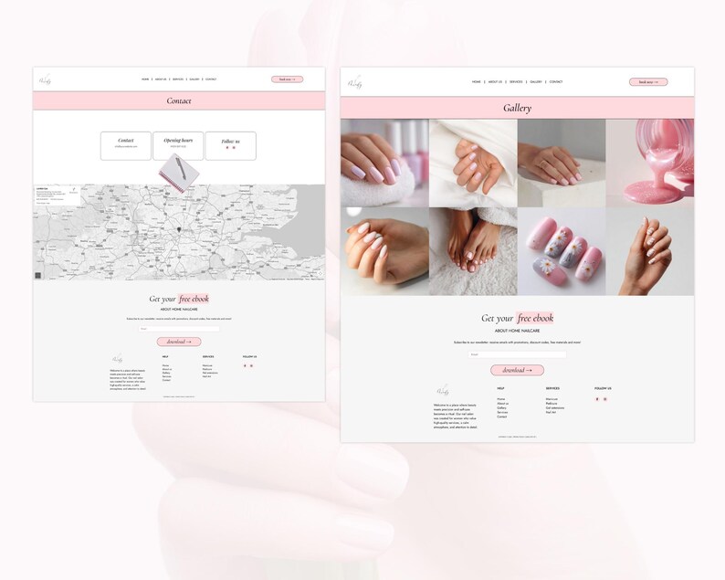 May include: Two website pages with a light pink and white color scheme. The left page is labeled "Contact" and includes a map and a form. The right page is labeled "Gallery" and features images of manicured nails. Both pages have a call to action to "Get your free ebook".