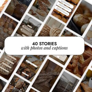 K&ouml;nnte beinhalten: Eine Collage aus 40 Instagram-Story-Vorlagen mit verschiedenen Arten von Brot, Geb&auml;ck und Backwaren. Der Text "40 STORIES mit Fotos und Bildunterschriften" wird in der Mitte des Bildes angezeigt.