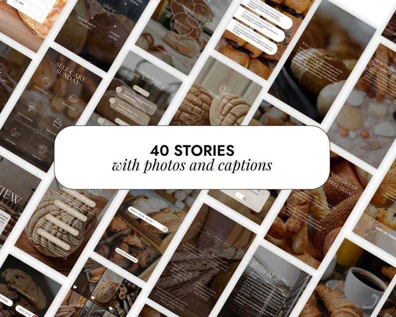 K&ouml;nnte beinhalten: Eine Collage aus 40 Instagram-Story-Vorlagen mit verschiedenen Arten von Brot, Geb&auml;ck und Backwaren. Der Text "40 STORIES mit Fotos und Bildunterschriften" wird in der Mitte des Bildes angezeigt.