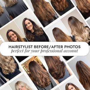 Op de afbeelding: Een collage van afbeeldingen met verschillende kapsels, waaronder voor- en na-transformaties. De foto's tonen vrouwen met verschillende haarkleuren en -stijlen, met de tekst "HAIRSTYLIST BEFORE/AFTER PHOTOS perfect for your professional account."
