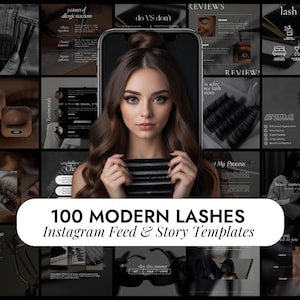 Könnte beinhalten: Eine Collage von Bildern zum Thema Schönheit, darunter eine Frau, die Wimpernverlängerungen hält, und der Text "100 MODERN LASHES Instagram Feed & Story Templates". Die Bilder sind in Schwarz-, Weiß- und Grautönen gehalten, mit Textüberlagerungen.