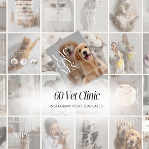 Pode incluir: Um conjunto de 60 modelos de posts para Instagram de clínicas veterinárias. Os modelos apresentam imagens de animais de estimação, como cães, gatos e coelhos. O texto inclui "Vacinas", "Gatos saudáveis" e "Workshops".