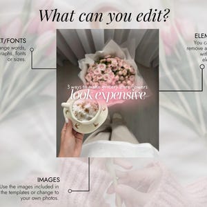 May include: Image with text: "What can you edit?" and "3 ways to make grocery store flowers look expensive." A cup of coffee with a floral design is held near a bouquet of pink flowers. Text also includes "TEXT/FONTS", "ELEMENTS", and "IMAGES".
