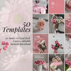May include: A collage of pink-themed images, including flowers, a teacup, and text that reads "50 Templates." The text also mentions "50 Insta vertical feed, Canva editable, instant download."