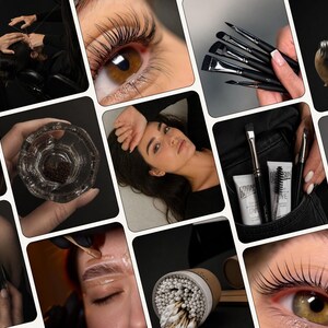 May include: A collage of beauty service images featuring lash lifting tools, eyebrow tinting brushes, tubes of dye, cotton swabs, and close-up views of eyes with lifted lashes and groomed eyebrows, showcasing professional cosmetic application techniques.