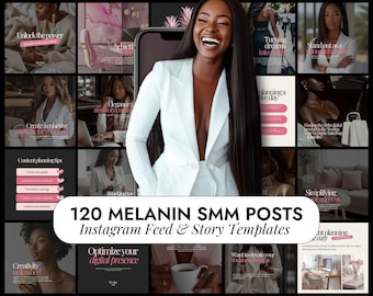 May include: A collage of images featuring a smiling woman in a white suit, surrounded by social media templates. The text reads "120 MELANIN SMM POSTS Instagram Feed & Story Templates". The templates have pink and white accents.