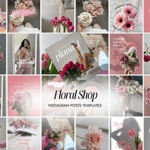 May include: A collage of pink floral arrangements and Instagram post templates. The text "Floral Shop" and "INSTAGRAM POSTS TEMPLATES" are visible. Various images include bouquets, flowers, and text overlays.