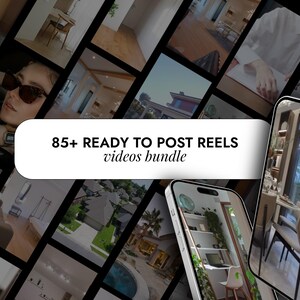 Puede incluir: Un collage de im&aacute;genes que muestran inspiraci&oacute;n para el dise&ntilde;o de interiores. El texto "85+ READY TO POST REELS videos bundle" se muestra en un rect&aacute;ngulo blanco.