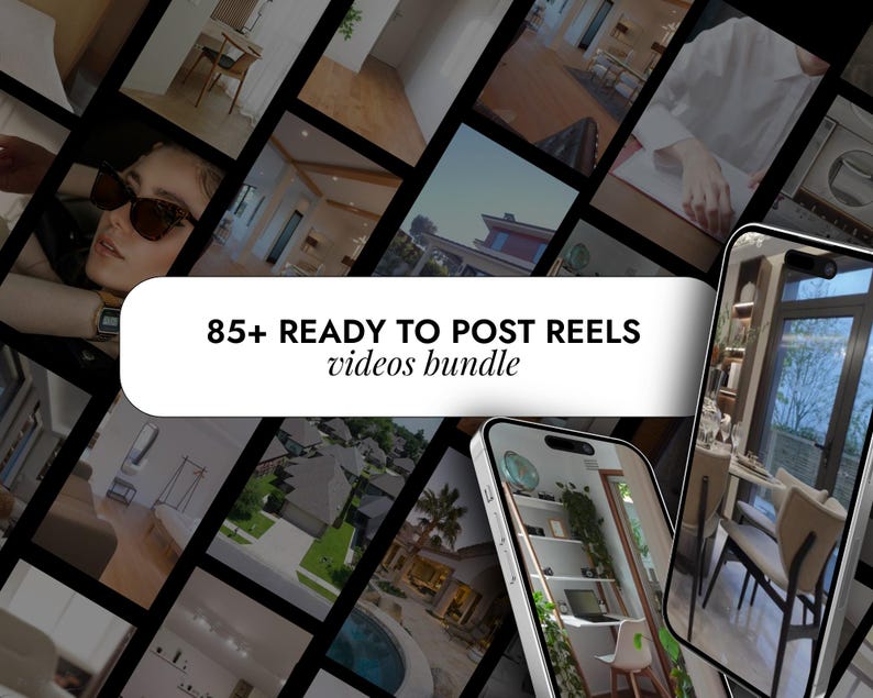 Puede incluir: Un collage de im&aacute;genes que muestran inspiraci&oacute;n para el dise&ntilde;o de interiores. El texto "85+ READY TO POST REELS videos bundle" se muestra en un rect&aacute;ngulo blanco.