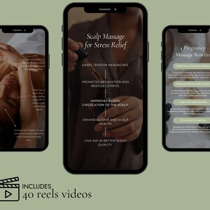 Op de afbeelding: Drie smartphone-schermen die een videoserie tonen over hoofdhuidmassage voor stressverlichting en de voordelen van massage tijdens de zwangerschap. Het eerste scherm toont een vrouw die een hoofdhuidmassage krijgt. Het tweede scherm toont een hand die een flesje etherische olie vasthoudt en tekst die "Hoofdhuidmassage voor stressverlichting" luidt. Het derde scherm toont tekst die "4 voordelen van massage tijdens de zwangerschap" luidt. De tekst op de schermen omvat de voordelen van hoofdhuidmassage en massage tijdens de zwangerschap. Onderaan het beeld bevindt zich een afspeelknop en de tekst "BEVAT 40 reels-video's".