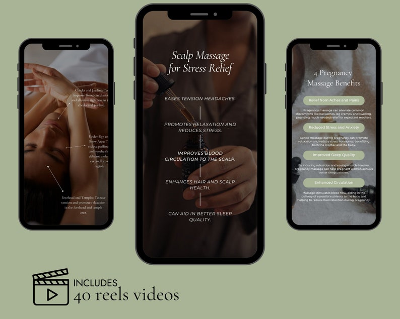 Op de afbeelding: Drie smartphone-schermen die een videoserie tonen over hoofdhuidmassage voor stressverlichting en de voordelen van massage tijdens de zwangerschap. Het eerste scherm toont een vrouw die een hoofdhuidmassage krijgt. Het tweede scherm toont een hand die een flesje etherische olie vasthoudt en tekst die "Hoofdhuidmassage voor stressverlichting" luidt. Het derde scherm toont tekst die "4 voordelen van massage tijdens de zwangerschap" luidt. De tekst op de schermen omvat de voordelen van hoofdhuidmassage en massage tijdens de zwangerschap. Onderaan het beeld bevindt zich een afspeelknop en de tekst "BEVAT 40 reels-video's".