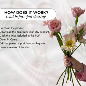May include: A bouquet of pink and white flowers, including tulips and poppies, held in a person's hand. Text above reads "HOW DOES IT WORK? read before purchasing" with numbered steps below. The flowers have green stems and are set against a soft, blurred background.