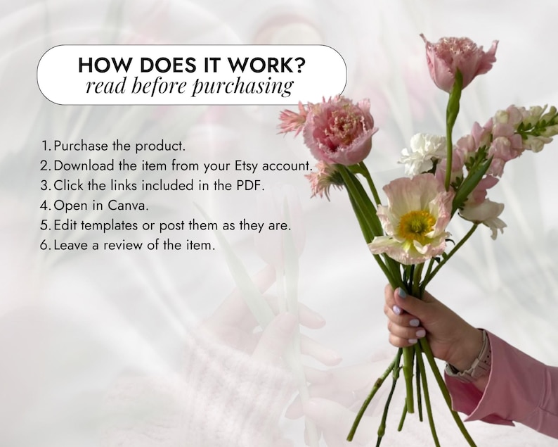 May include: A bouquet of pink and white flowers, including tulips and poppies, held in a person's hand. Text above reads "HOW DOES IT WORK? read before purchasing" with numbered steps below. The flowers have green stems and are set against a soft, blurred background.