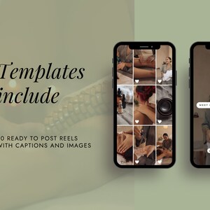 Op de afbeelding: Een mockup van een smartphone-scherm met een raster van negen afbeeldingen, elk met een harticoon in de rechterbenedenhoek. De afbeeldingen tonen verschillende sc&egrave;nes uit een spa, waaronder massagetherapie, aromatherapie en ontspanning. De tekst "ONTMOET ONS TEAM" en "jouwwebsite.com" wordt weergegeven aan de rechterkant van het scherm.
