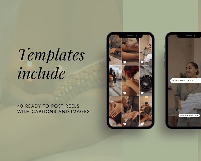 Op de afbeelding: Een mockup van een smartphone-scherm met een raster van negen afbeeldingen, elk met een harticoon in de rechterbenedenhoek. De afbeeldingen tonen verschillende sc&egrave;nes uit een spa, waaronder massagetherapie, aromatherapie en ontspanning. De tekst "ONTMOET ONS TEAM" en "jouwwebsite.com" wordt weergegeven aan de rechterkant van het scherm.