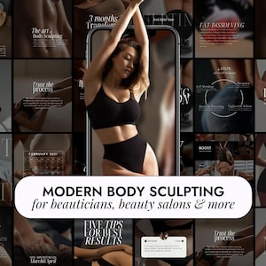 Puede incluir: Un collage promocional de servicios de body sculpting. La imagen central presenta a una mujer en lencería negra. Las imágenes circundantes muestran tratamientos corporales y texto, incluyendo "MODERN BODY SCULPTING for beauticians, beauty salons & more."
