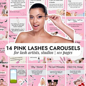 Könnte beinhalten: Rosa-weiße Grafik mit dem Text "14 PINK LASHES CAROUSELS for lash artists, studios | 101 pages." Das Bild zeigt eine Frau, die Mascara aufträgt, und verschiedene Schönheitstipps.