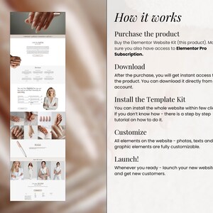 May include: A website template kit displayed on a computer screen, showcasing a clean, modern design. The image includes sections for services, a photo of a woman, and various nail art examples. Text on the right side explains the steps to purchase, download, install, customize, and launch.