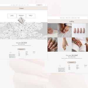 May include: A website mockup with a light beige and white color scheme. The "Contact" and "Gallery" pages are displayed. The contact page includes a map, contact information, and a notepad icon. The gallery page showcases nail art.