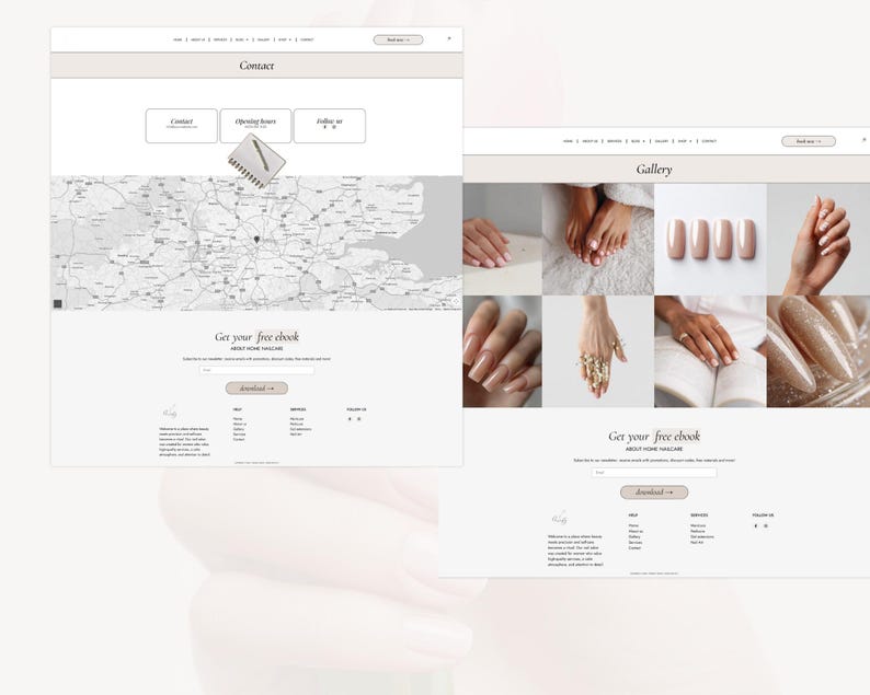 May include: A website mockup with a light beige and white color scheme. The "Contact" and "Gallery" pages are displayed. The contact page includes a map, contact information, and a notepad icon. The gallery page showcases nail art.