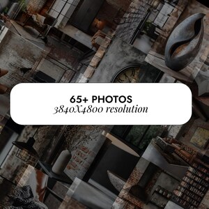 Op de afbeelding: Een collage van 65+ foto's die een modern industrieel loft-interieurontwerp laten zien. De foto's zijn in 3840x4800 resolutie en tonen verschillende hoeken en details van de ruimte, waaronder blootliggende bakstenen muren, metalen accenten en natuurlijk licht.