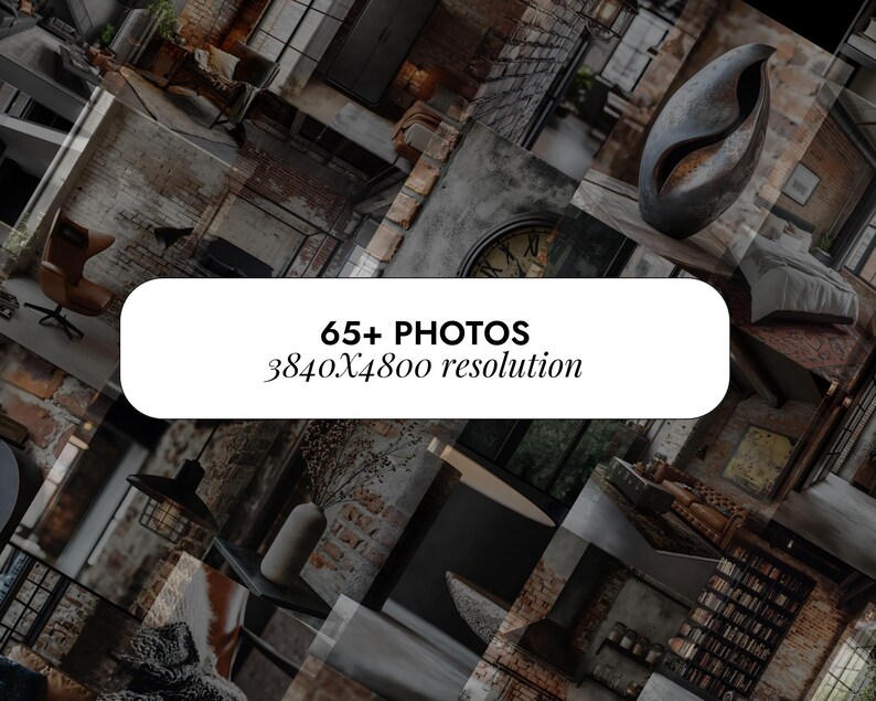 Op de afbeelding: Een collage van 65+ foto's die een modern industrieel loft-interieurontwerp laten zien. De foto's zijn in 3840x4800 resolutie en tonen verschillende hoeken en details van de ruimte, waaronder blootliggende bakstenen muren, metalen accenten en natuurlijk licht.