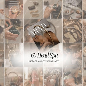 Puede incluir: Una colección de 60 plantillas de publicaciones de Instagram para un spa capilar, con varias imágenes de tratamientos del cuero cabelludo, herramientas para el cuidado del cabello y entornos de spa con el texto 60 Head Spa Instagram Posts Templates.