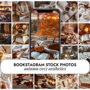 May include: A collection of autumnal images with books, pumpkins, candles, and hot beverages. The photos create a cosy atmosphere with soft lighting, autumn leaves, and knitted blankets. The text "BOOKSTAGRAM STOCK PHOTOS autumn cozy aesthetics" is displayed.