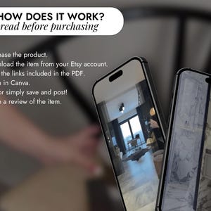 Puede incluir: Una captura de pantalla de un tel&eacute;fono que muestra instrucciones sobre c&oacute;mo usar un producto digital. Las instrucciones incluyen comprar el producto, descargarlo de Etsy, hacer clic en los enlaces de un PDF, abrir el archivo en Canva, editar o guardar el archivo y dejar una rese&ntilde;a.