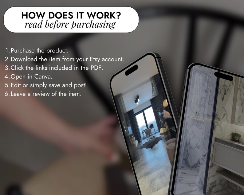 Puede incluir: Una captura de pantalla de un tel&eacute;fono que muestra instrucciones sobre c&oacute;mo usar un producto digital. Las instrucciones incluyen comprar el producto, descargarlo de Etsy, hacer clic en los enlaces de un PDF, abrir el archivo en Canva, editar o guardar el archivo y dejar una rese&ntilde;a.
