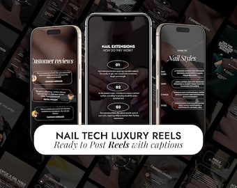 Op de afbeelding: Een collage van telefoonschermen die tips en trucs voor nagelverlengingen laten zien. De schermen bevatten tekst zoals "Nagelverlengingen: Hoe werken ze?" en "Gids voor nagelstijlen".