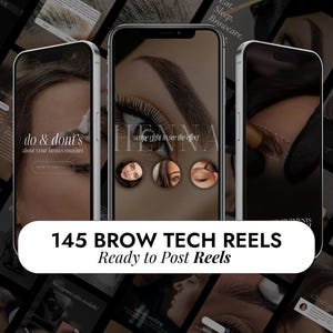 Könnte beinhalten: Eine Collage von Bildern, die verschiedene Augenbrauen-Techniken und Tipps zeigen. Der Text "145 BROW TECH REELS" und "Ready to Post Reels" wird in großer Schrift angezeigt.