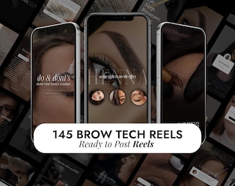 May include: A collage of images showcasing various brow techniques and tips. The text "145 BROW TECH REELS" and "Ready to Post Reels" is displayed in a large font.