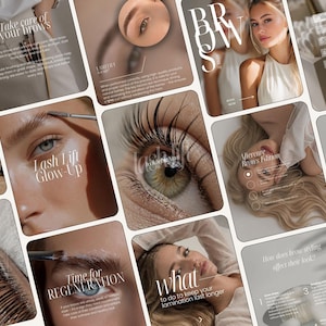 Könnte beinhalten: Eine Sammlung von Social-Media-Grafiken zu den Themen Schönheit und Wellness. Die Bilder zeigen Nahaufnahmen von Augen, Augenbrauen und Wimpern sowie Textüberlagerungen wie Lash Lift Glow-Up, Aftercare Brows Edition und Time for Regeneration.