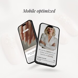 May include: Two smartphones displaying nail salon content. One shows long, manicured nails with the text "Nails that stand out." The other displays a woman in a white blazer with the text "You can't buy happiness but you can buy nail art and that's basically the same thing."