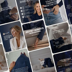 Könnte beinhalten: Eine Sammlung von Social-Media-Grafiken mit Inhalten zum professionellen Coaching. Die Bilder zeigen Textüberlagerungen, Business-Kleidung und Lifestyle-Fotografie in einer dunkelblauen und weißen Farbpalette, mit Fokus auf Coaching-Tools, Erfahrungsberichte und Wellness-Tipps.