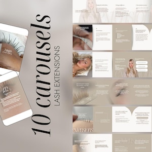 Op de afbeelding: Een digitale presentatie getiteld "10 Carrousels Wimper Extensions" met afbeeldingen van wimper extensions en een blonde vrouw. De presentatie bevat close-ups van het wimper applicatie proces en informatieve tekst.