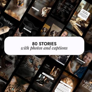 Op de afbeelding: Een collage van afbeeldingen met huisdieren, verzorgingsproducten en tekst. De centrale tekst luidt "80 STORIES with photos and captions". Andere tekst omvat "No More Fleas" en "Grooming Popular Essentials."