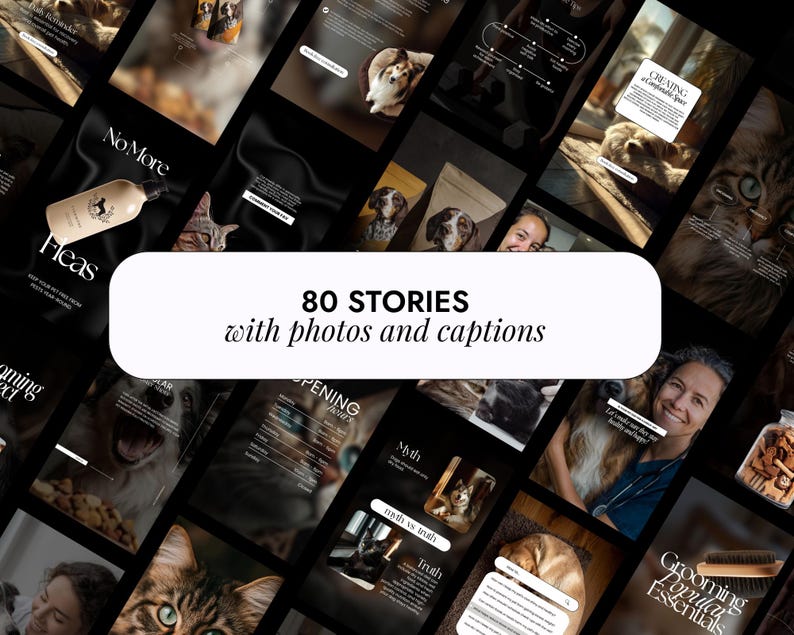 Op de afbeelding: Een collage van afbeeldingen met huisdieren, verzorgingsproducten en tekst. De centrale tekst luidt "80 STORIES with photos and captions". Andere tekst omvat "No More Fleas" en "Grooming Popular Essentials."
