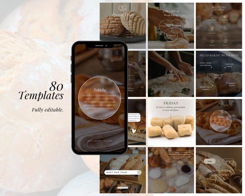 K&ouml;nnte beinhalten: Eine Sammlung von 80 vollst&auml;ndig editierbaren Vorlagen f&uuml;r soziale Medien mit verschiedenen Brotsorten, darunter Brioche, Sauerteig und Baguettes. Die Vorlagen sind f&uuml;r B&auml;ckereien, Brotshops und Lebensmittelgesch&auml;fte konzipiert.