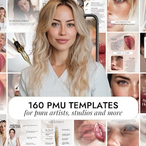 May include: A collage of images related to permanent makeup, featuring a woman with blonde hair, close-ups of lips, and text that reads "160 PMU TEMPLATES for pmu artists, studios and more."