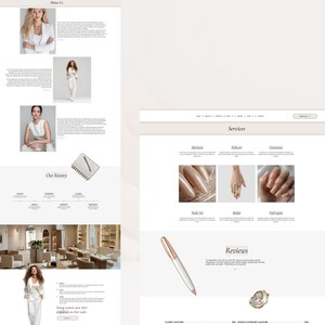 May include: A website layout featuring the "About Us" and "Services" sections. The "About Us" section includes photos of women in white outfits, text, and a notepad illustration. The "Services" section showcases nail art images and a pen.