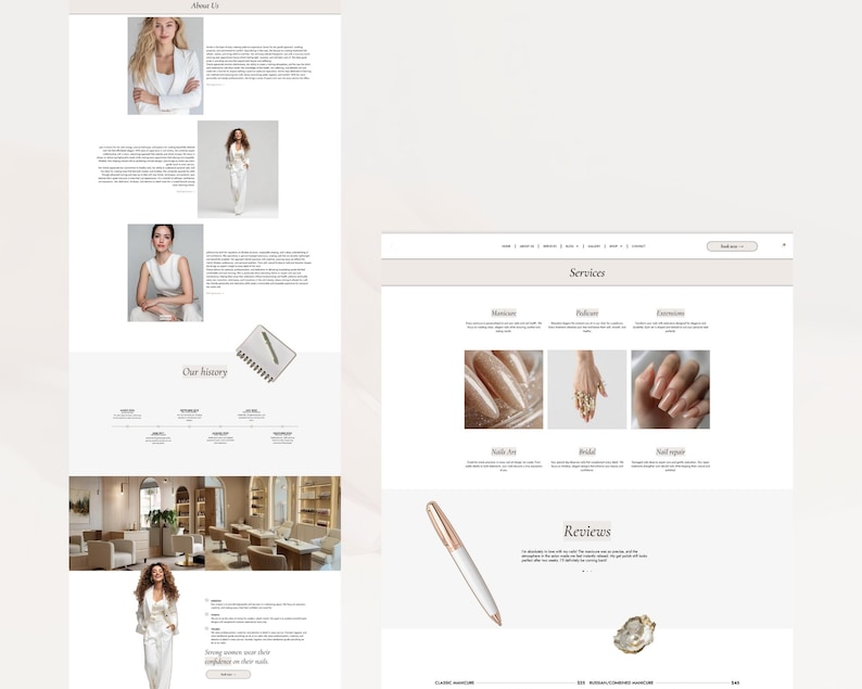May include: A website layout featuring the "About Us" and "Services" sections. The "About Us" section includes photos of women in white outfits, text, and a notepad illustration. The "Services" section showcases nail art images and a pen.