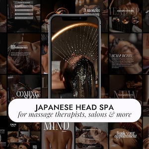 Może przedstawiać: Obraz promocyjny dla japońskiego Head Spa, przedstawiający osobę otrzymującą zabieg na włosy. Tekst zawiera "Japanese Head Spa" i "for massage therapists, salons & more."