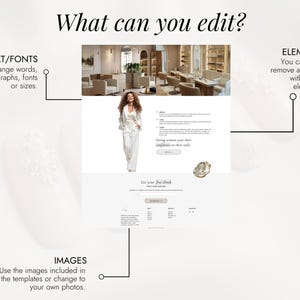 May include: A digital design template with the text "What can you edit?" and descriptions of editable elements: text/fonts, images, and elements. The template includes a photo of a woman in a white suit and a room interior.
