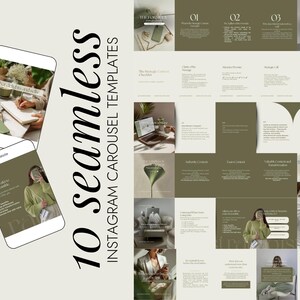 Könnte beinhalten: Ein digitales Produkt-Mockup mit 10 nahtlosen Instagram-Karussellvorlagen. Die Vorlagen haben eine neutrale Farbpalette mit Olivgrün- und Beigetönen. Das Design umfasst Text und Bilder, mit Fokus auf Content-Erstellung und Social-Media-Marketing.