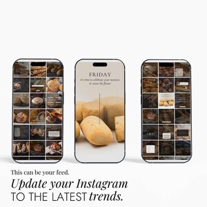 K&ouml;nnte beinhalten: Drei Telefonbildschirme, die verschiedene Instagram-Posts &uuml;ber Brot zeigen. Der erste Bildschirm zeigt ein Raster mit 16 Fotos von verschiedenen Broten. Der zweite Bildschirm zeigt ein einzelnes Foto eines Laibes Brot mit dem Text "FRIDAY it's time to celebrate your moments & savor the flavor". Der dritte Bildschirm zeigt ein Raster mit 16 Fotos von verschiedenen Broten.