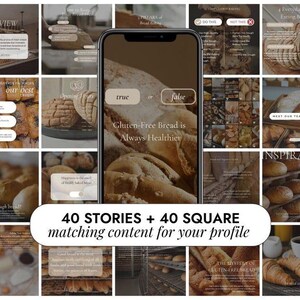 K&ouml;nnte beinhalten: Eine Collage aus Bildern mit verschiedenen Brotsorten, darunter Sauerteigbrot, glutenfreies Brot und handwerklich gefertigte Brote. Die Bilder sind in einem Raster angeordnet und enthalten Text &uuml;ber die Vorteile von Brot, Tipps zum Backen und einen Aufruf zum Handeln, um mehr zu erfahren. Der Text "40 STORIES + 40 SQUARE matching content for your profile" wird in der Mitte des Bildes angezeigt.