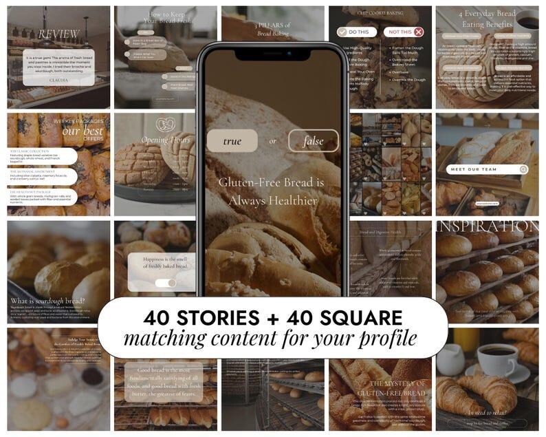 K&ouml;nnte beinhalten: Eine Collage aus Bildern mit verschiedenen Brotsorten, darunter Sauerteigbrot, glutenfreies Brot und handwerklich gefertigte Brote. Die Bilder sind in einem Raster angeordnet und enthalten Text &uuml;ber die Vorteile von Brot, Tipps zum Backen und einen Aufruf zum Handeln, um mehr zu erfahren. Der Text "40 STORIES + 40 SQUARE matching content for your profile" wird in der Mitte des Bildes angezeigt.