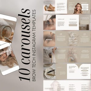 Può includere: Una grafica di marketing digitale con il testo "10 caroselli" e "Modelli Instagram Brow Tech". L'immagine presenta una serie di modelli di post di Instagram con contenuti relativi alla bellezza e alle sopracciglia, tra cui immagini di una donna e strumenti di bellezza.